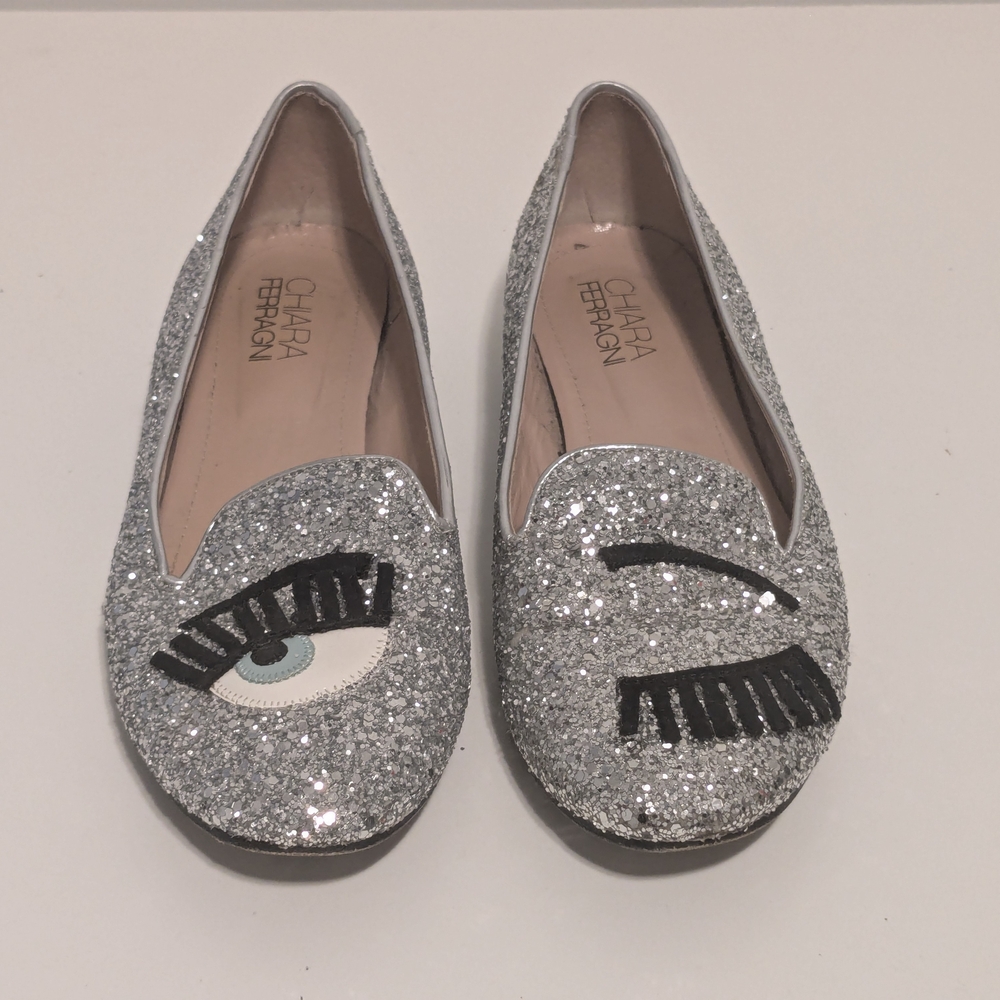 Chiara Ferragni Silver Glitter Loafers - Picture 1 of 4